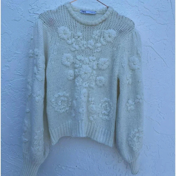 Zara Womens Embroidered Applique Floral Balloon Sleeve Sweater White Sz Medium - Picture 7 of 10